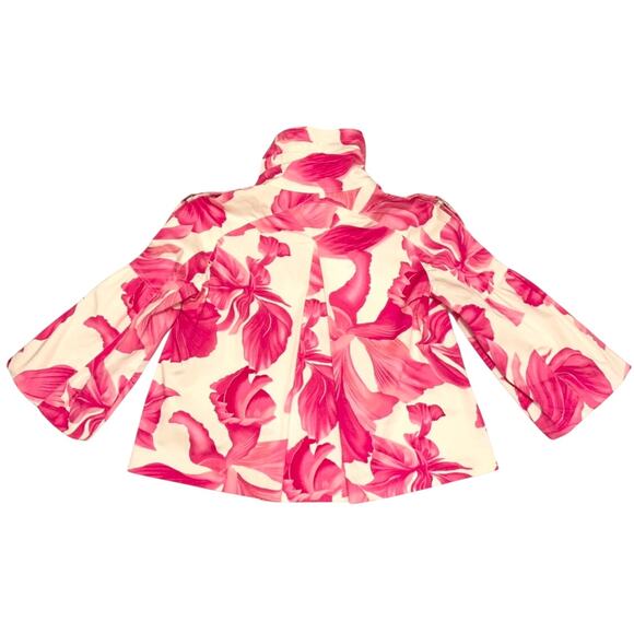 Cache Womens Jacket Pink White Bright Floral Sz. Small Balloon Sleeves Zip Front - Picture 14 of 15